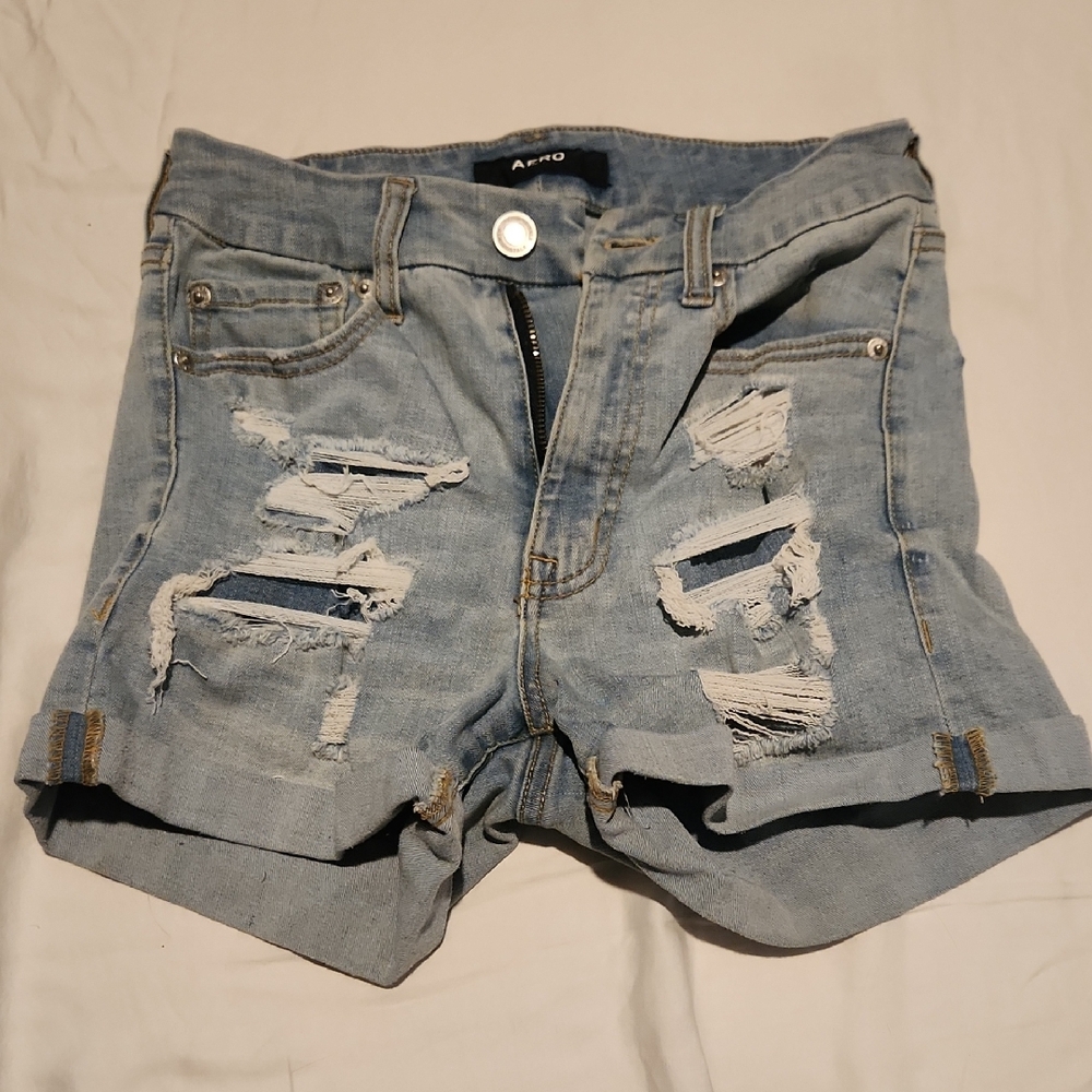 Blue Distressed Jean Shorts with Frayed Hem